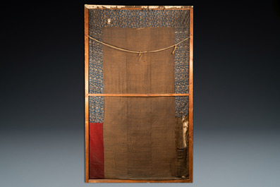 A large Japanese silk embroidery with landscape medallions, Meiji, 19th C.