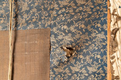 A large Japanese silk embroidery with landscape medallions, Meiji, 19th C.