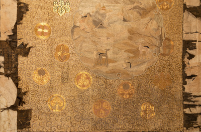 A large Japanese silk embroidery with landscape medallions, Meiji, 19th C.