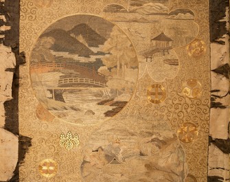 A large Japanese silk embroidery with landscape medallions, Meiji, 19th C.