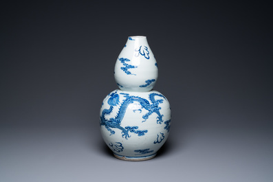 A Chinese blue and white double gourd 'dragons' vase, Qianlong