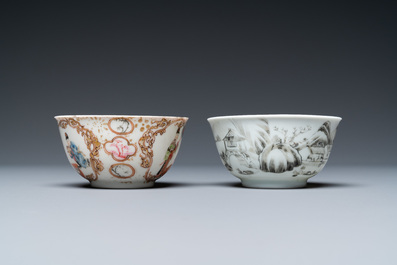 Two Chinese famille rose and grisaille cups and saucers, Yongzheng/Qianlong