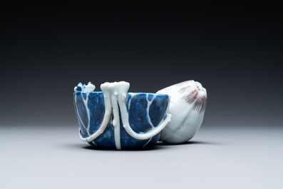 A Chinese blue, white and copper-red 'crab in lotus' water dropper, Kangxi