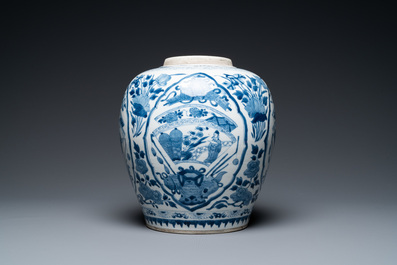 A Chinese blue and white jar with figurative medallions, Kangxi