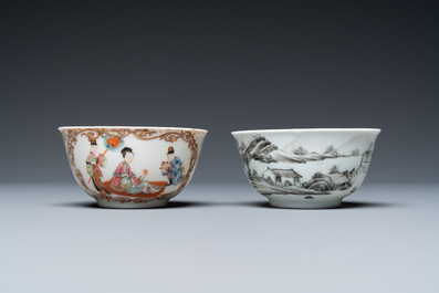 Two Chinese famille rose and grisaille cups and saucers, Yongzheng/Qianlong