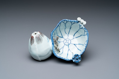 A Chinese blue, white and copper-red 'crab in lotus' water dropper, Kangxi
