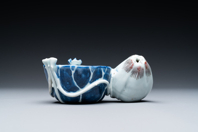 A Chinese blue, white and copper-red 'crab in lotus' water dropper, Kangxi