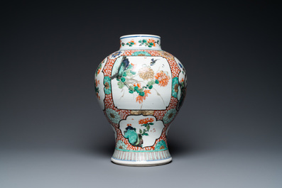 A Chinese famille verte vase with birds near flowery branches, Kangxi