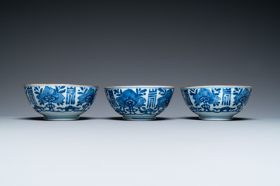 Three Chinese blue and white 'Shou' bowls, Kangxi