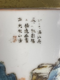 Three Chinese qianjiang cai plaques in a 'Wolfers' gilded silver tray, Republic