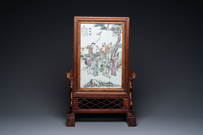 A Chinese wooden table screen with a qianjiang cai plaque, 19th C.
