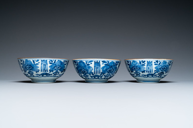Three Chinese blue and white 'Shou' bowls, Kangxi