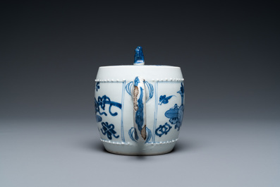 A Chinese blue and white 'antiquities' teapot and cover, Kangxi