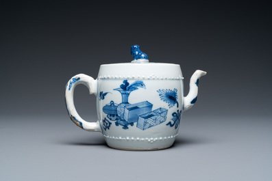 A Chinese blue and white 'antiquities' teapot and cover, Kangxi