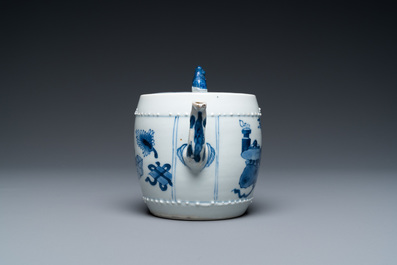 A Chinese blue and white 'antiquities' teapot and cover, Kangxi