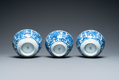Three Chinese blue and white 'Shou' bowls, Kangxi
