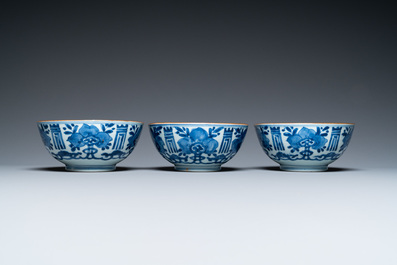 Three Chinese blue and white 'Shou' bowls, Kangxi