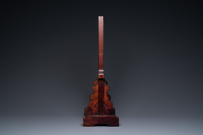 A Chinese wooden table screen with a qianjiang cai plaque, 19th C.