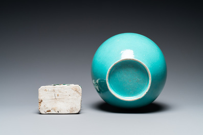 A Chinese verte biscuit figure, a green 'lotus' jar and a figurative blue and white plate, Kangxi and later