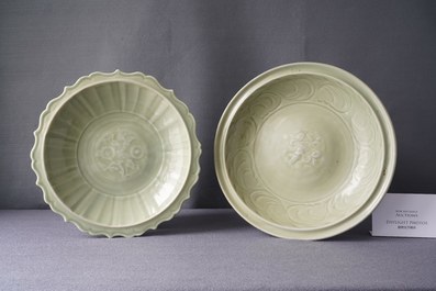Two Chinese Longquan celadon dishes with underglaze design, Ming