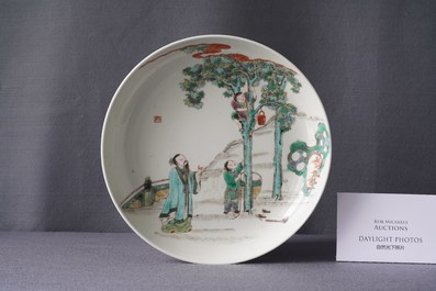 A Chinese famille verte dish with a boy in a tree, Yongzheng