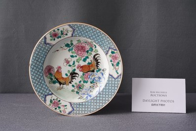 A Chinese famille rose 'two roosters' plate, Yongzheng