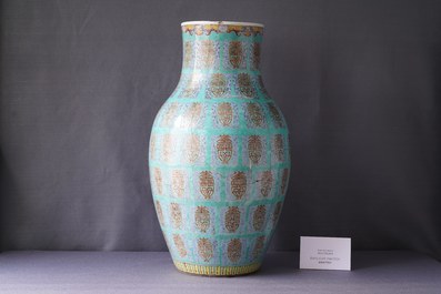 A fine Chinese turquoise-ground famille rose 'Shou' vase with immortals, Qianlong