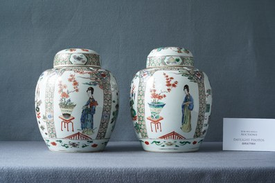 A pair of Chinese famille verte jars and covers, Kangxi