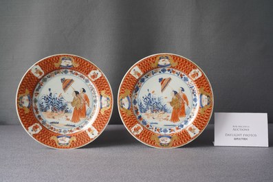 A pair of Chinese Imari-style 'Dames au Parasol' plates after Cornelis Pronk, Qianlong