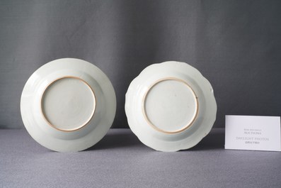 A Chinese famille rose 'pseudo tobacco leaf' plate and a blue and white 'rabbits' plate, Qianlong