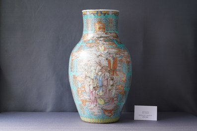 A fine Chinese turquoise-ground famille rose 'Shou' vase with immortals, Qianlong