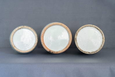 Drie Chinese blauw-witte en celadon vazen met boeddhistische leeuwen, 19e eeuw