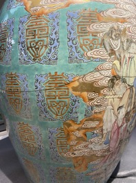 A fine Chinese turquoise-ground famille rose 'Shou' vase with immortals, Qianlong