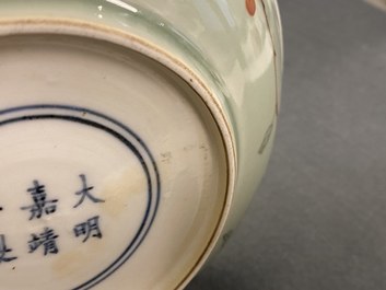 A Chinese famille verte celadon-glazed plate, Wanli mark, Kangxi/Yongzheng