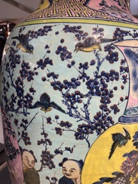 A very large Chinese famille rose turquoise-ground vase and cover, 19th C.
