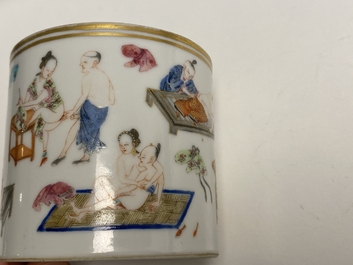 A Chinese famille rose 'erotical subject' brush pot, 1st half 19th C.
