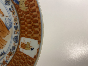 A pair of Chinese Imari-style 'Dames au Parasol' plates after Cornelis Pronk, Qianlong