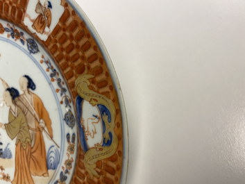 A pair of Chinese Imari-style 'Dames au Parasol' plates after Cornelis Pronk, Qianlong