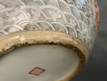 A Chinese famille verte 'tianqiu ping' vase with a dragon and carps, Qianlong mark, 19th C.