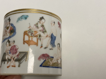 A Chinese famille rose 'erotical subject' brush pot, 1st half 19th C.