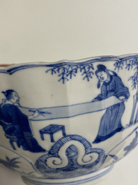 A Chinese blue and white lotus-molded 'Seven sages in the bamboo grove' bowl, Chenghua mark, Kangxi