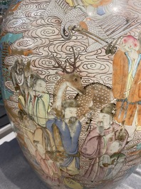A fine Chinese turquoise-ground famille rose 'Shou' vase with immortals, Qianlong