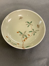 A Chinese famille verte celadon-glazed plate, Wanli mark, Kangxi/Yongzheng