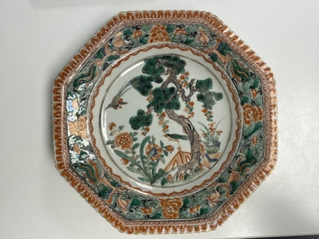 Two Chinese octagonal famille verte dishes and a 'poem' plate, Kangxi