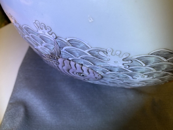 A Chinese famille verte 'tianqiu ping' vase with a dragon and carps, Qianlong mark, 19th C.