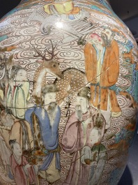 A fine Chinese turquoise-ground famille rose 'Shou' vase with immortals, Qianlong