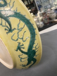 A Chinese yellow-ground famille verte 'dragon' dish, probably Qianlong