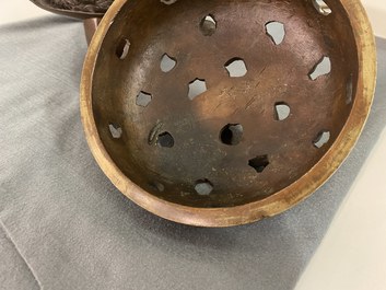 A large Chinese dragon-handled bronze tripod censer and cover, Xuande mark, 18/19th C.