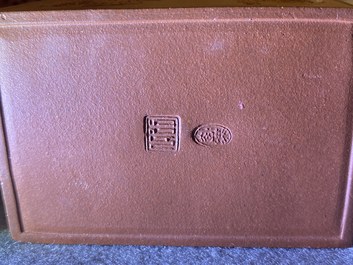 A Chinese rectangular Yixing stoneware 'dragon' teapot, seal mark, Kangxi