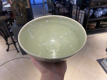 A fine Chinese Longquan celadon 'lotus' bowl, Yuan/Ming
